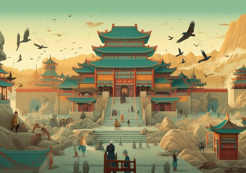 国潮古建筑祥云背景插画承德避暑山庄行人游玩远去飞鸟飞过,插画/手绘图,插画/手绘图库,插画/手绘图下载,插画/手绘
